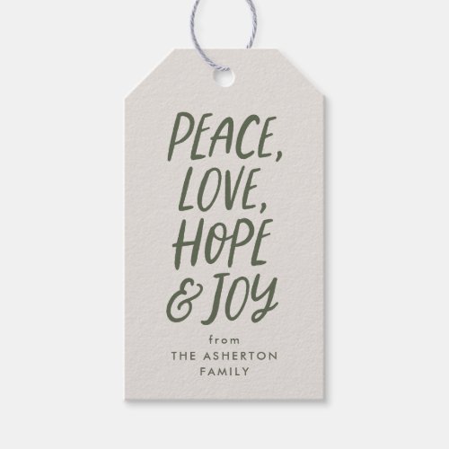 Peace love hope joy green Christmas type Gift Tags