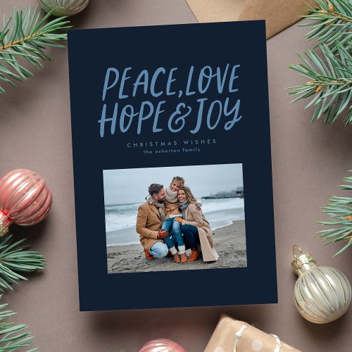 Peace love hope joy navy blue two photo Christmas Holiday Card