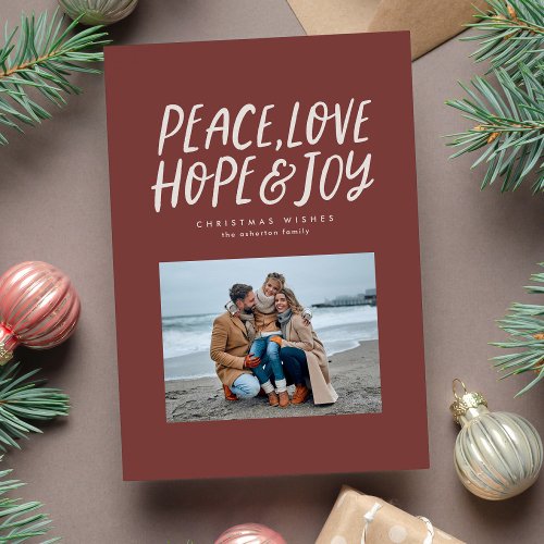Peace love hope joy red two photo Christmas Holiday Card