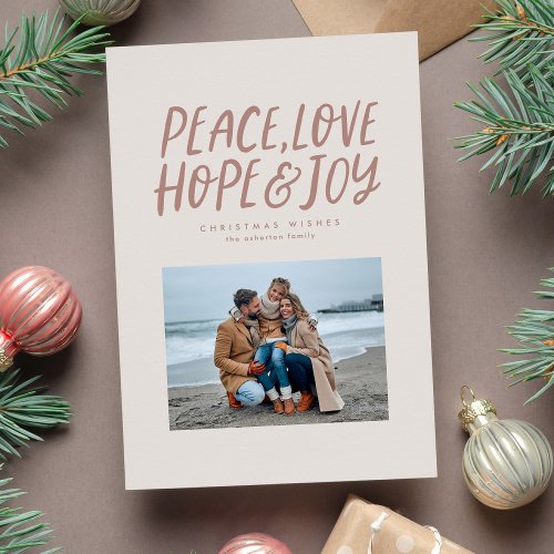 Peace love hope joy simple neutral Christmas photo Holiday Card