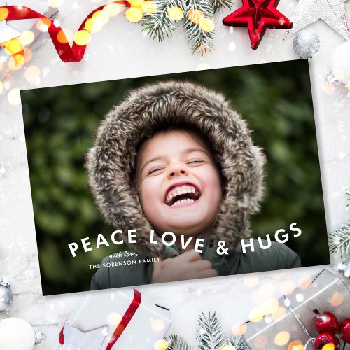 Peace Love  Hugs Modern Type Two Photo Holiday Card