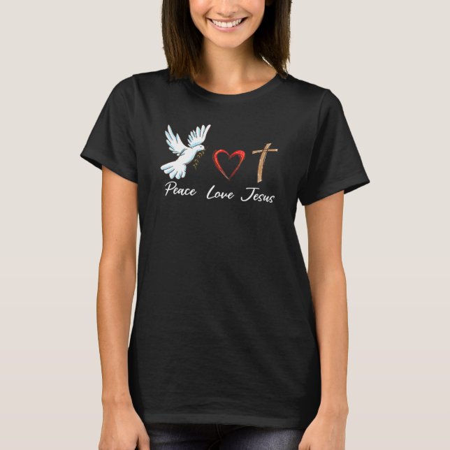 Peace Love Jesus Cute Dove Christian Cross Faith G T-Shirt (Front)