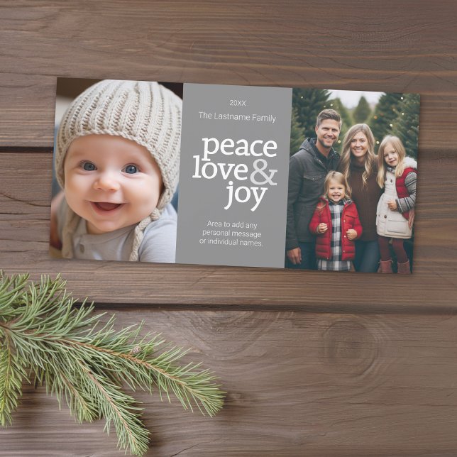 Peace Love Joy - 2 Photo - Gray Dots Holiday Card (Add 2 photos to this classic photo card that can be printed or sent out to friends and family.)
