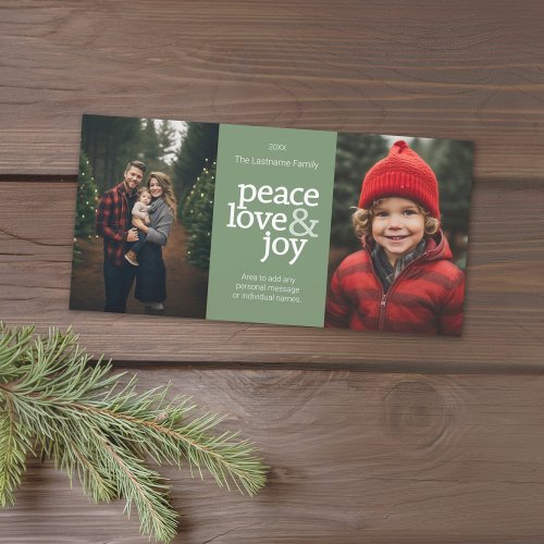 Peace Love Joy _ 2 Photos _ pastel green Holiday Card