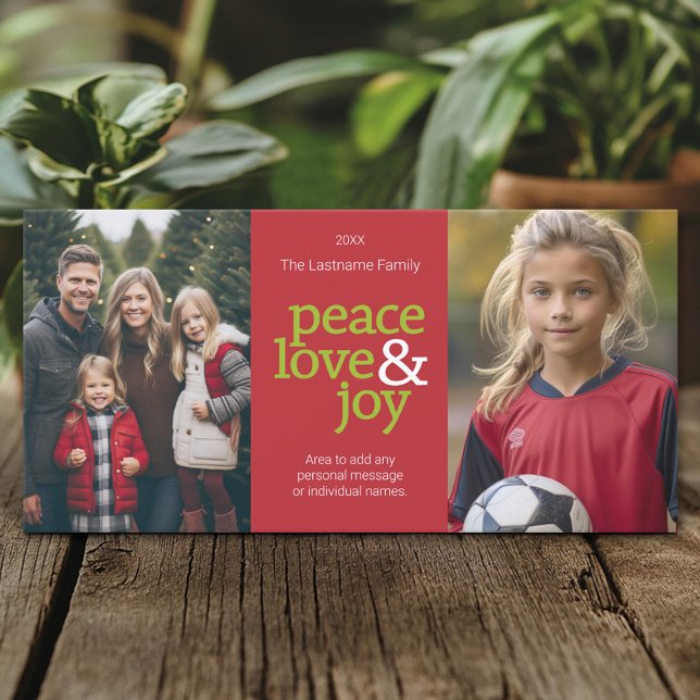 Peace Love & Joy - 2 Photos Red and Green Holiday Card (Create A Personal Holiday Photo Card)