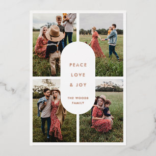 Peace Love Joy 4 Photo Modern Minimalist Christmas Foil Holiday Card