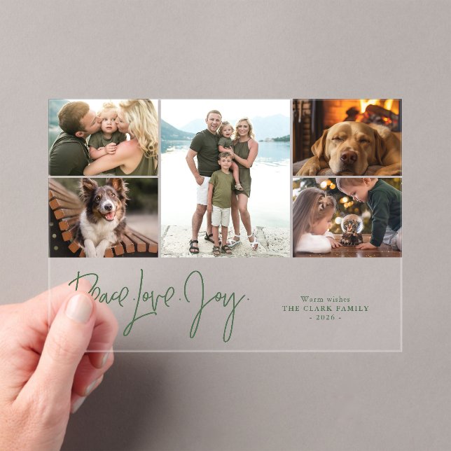 "Peace Love Joy" 5 Photo Gallery Christmas Acrylic Invitations (Insitu (Handheld))