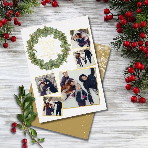 Peace Love Joy 5 Photo Greenery Christmas Gold Foil Holiday Card