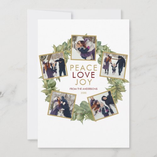 Peace Love Joy 5 Photo Greenery Wreath Christmas Holiday Card