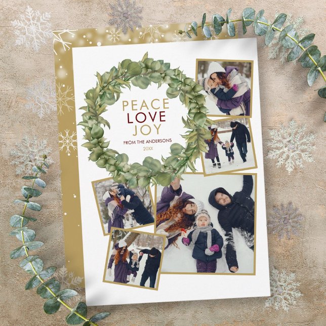 Peace Love Joy 5 Photo Greenery Wreath Christmas  Holiday Card (Peace Love Joy 5 Photo Greenery Wreath Christmas Holiday Card)