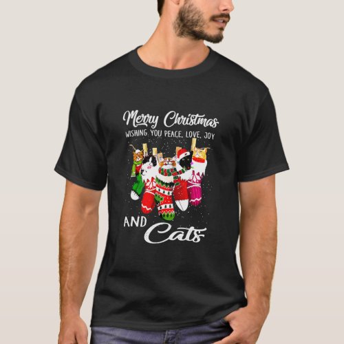 Peace Love Joy And Cat In Sock Christmas T_Shirt
