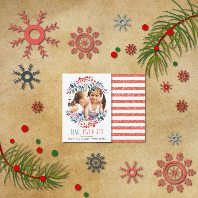 Peace love Joy and coral berries Christmas photo Holiday Card (Creator Uploaded)
