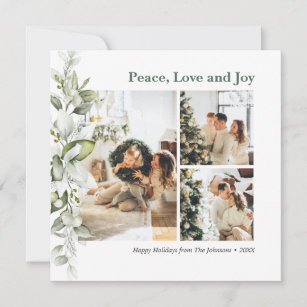 Peace Love Joy Berry Leaves Photo Holiday Card