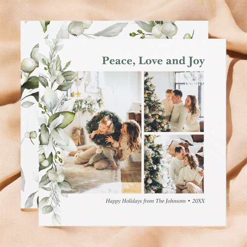 Peace Love Joy Berry Leaves Photo Holiday Card