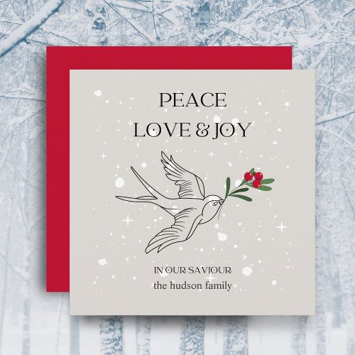 Peace Love Joy Bird Red Berry Snow Christmas  Holiday Card