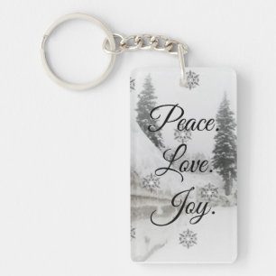 Peace Love Joy Black & White Snowfall Christmas Keychain