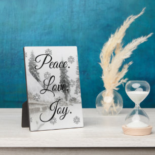 Peace Love Joy   Black & White Snowfall Christmas Plaque