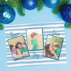 Peace Love Joy Blue 3 Photo Christmas Holiday Card
