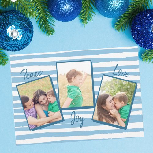 Peace Love Joy  Blue 3 Photo Christmas Holiday Card