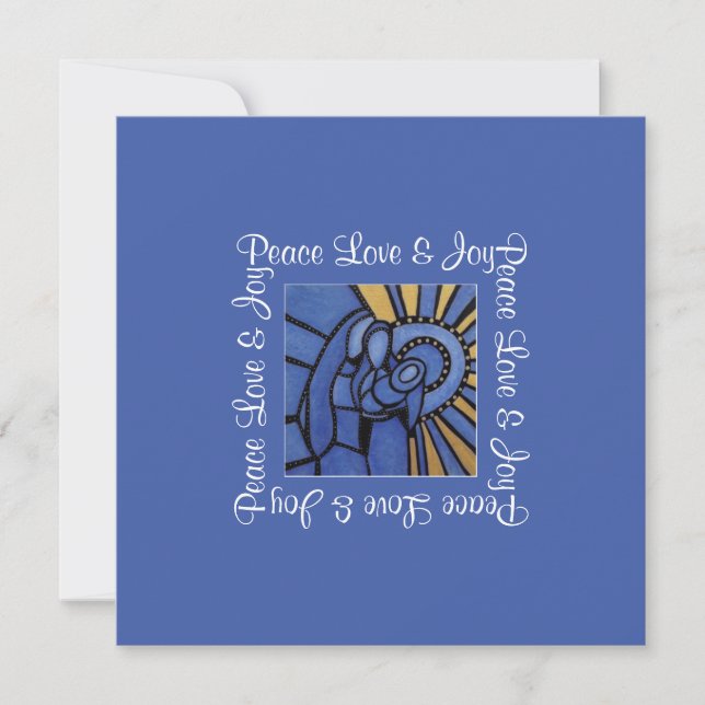 Peace Love Joy Blue Holy Family Christmas Photo Holiday Card (Front)