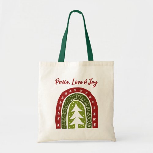 Peace love joy boho Christmas tree design tote bag