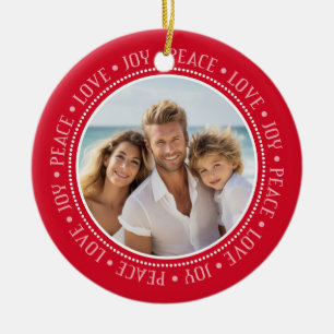 Peace Love Joy Border in Red - Photo Ceramic Ornament