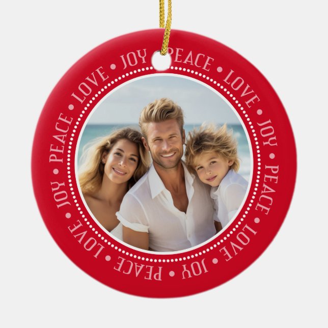 Peace Love Joy Border in Red - Photo  Ceramic Ornament (Front)