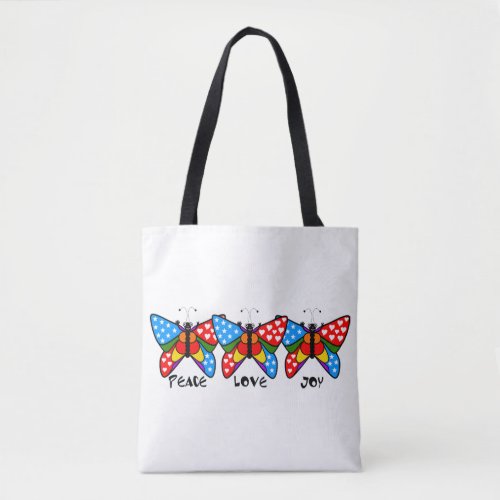 PEACE LOVE JOY BUTTERFLY TRIO TEDDY BEAR TOTE BAG