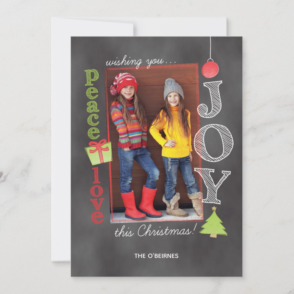 Peace Love Joy Chalkboard Christmas Photo Holiday Card