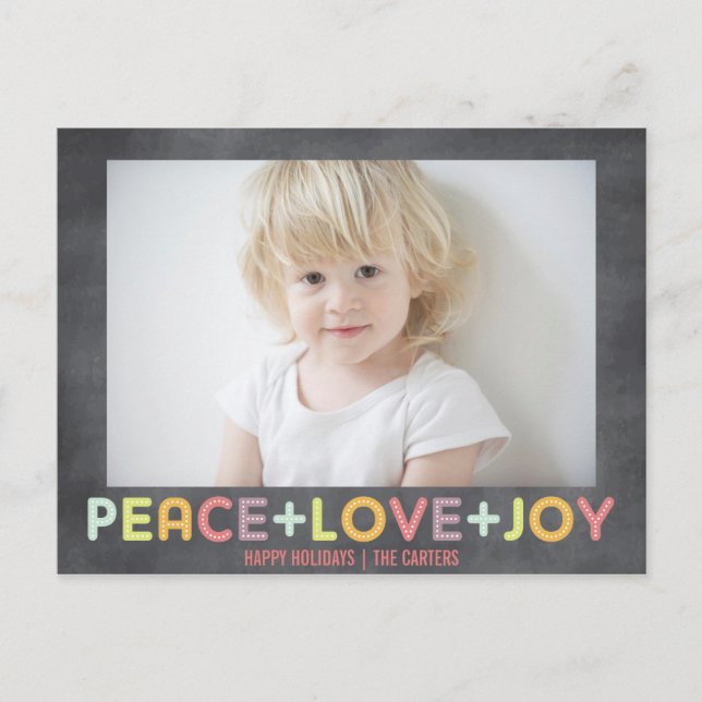 PEACE LOVE JOY CHALKBOARD HOLIDAYS PHOTO HOLIDAY POSTCARD (Front)