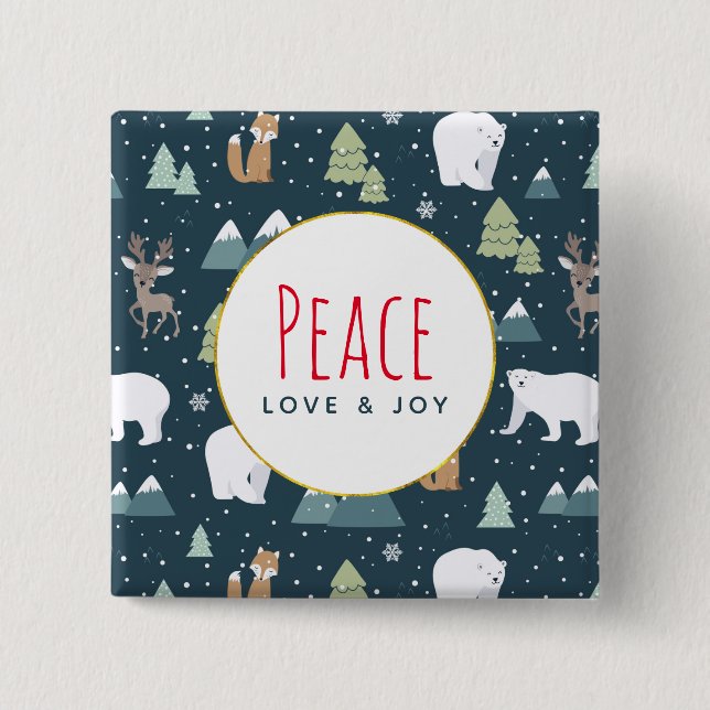 Peace Love & Joy Christmas Animals Pattern Button (Front)