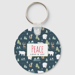 Peace Love & Joy Christmas Animals Pattern Keychain