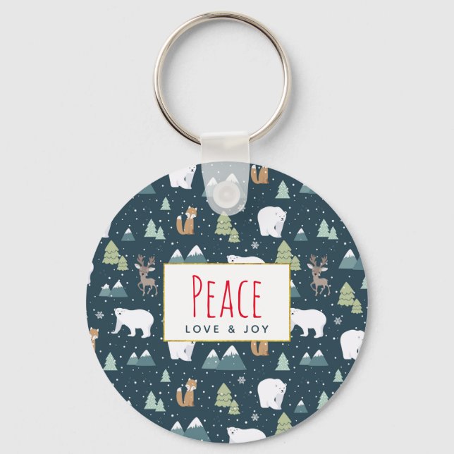 Peace Love & Joy Christmas Animals Pattern Keychain (Front)