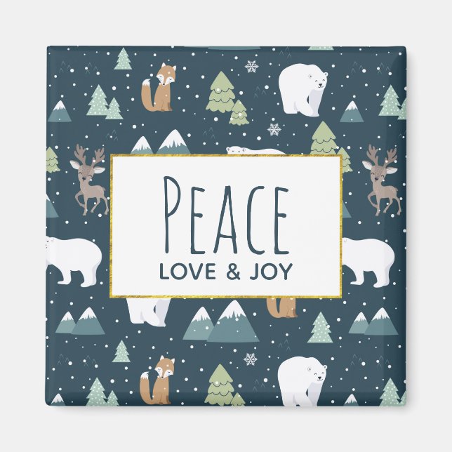 Peace Love & Joy Christmas Animals Pattern Magnet (Front)