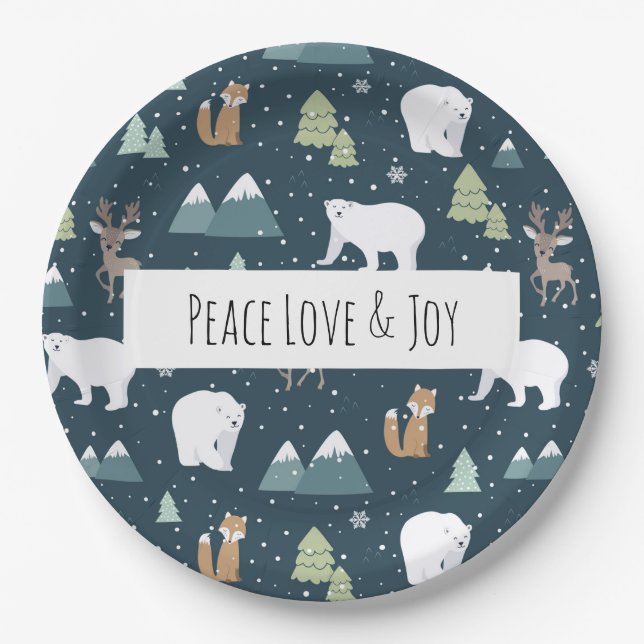 Peace Love & Joy Christmas Animals Pattern Paper Plates (Front)