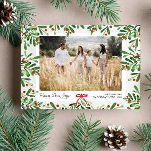 Peace Love Joy, Christmas Berries, Custom Photo  Holiday Postcard