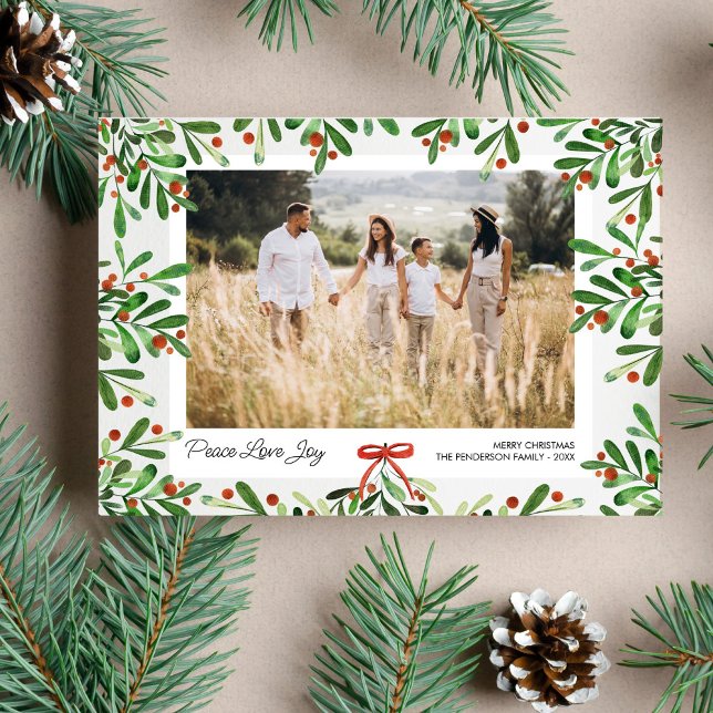 Peace Love Joy, Christmas Berries, Custom Photo  Holiday Postcard (Creator Uploaded)