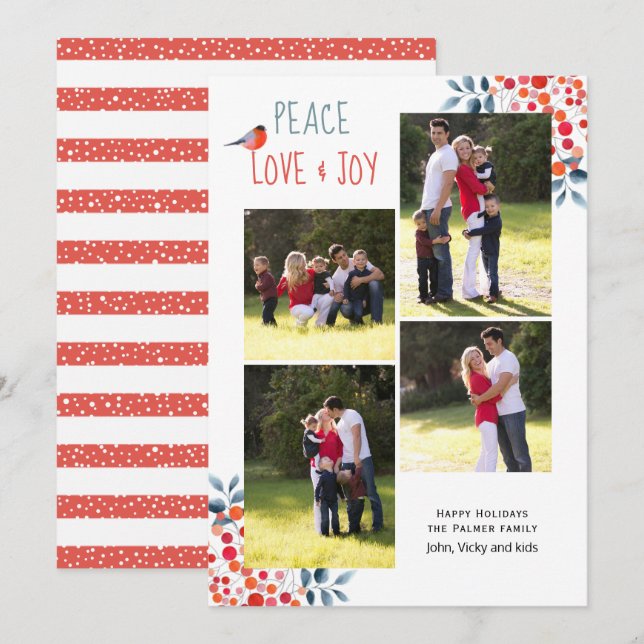 Peace, love, joy Christmas coral four photo card (Front/Back)