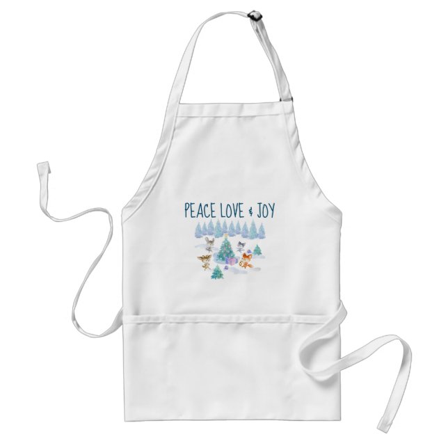 Peace Love & Joy Christmas Forest Animals Adult Apron (Front)