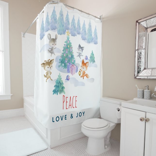 Peace Love & Joy Christmas Forest Animals Shower Curtain (In Situ)