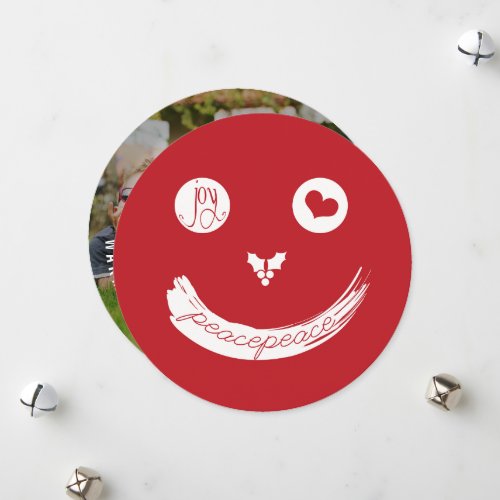 Peace Love Joy Christmas Funny Face On Red Photo Holiday Card