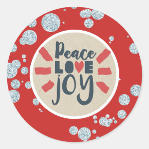 PEACE LOVE JOY  Christmas Glitter Kraft Holiday Classic Round Sticker