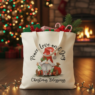 Peace, Love & Joy Christmas Gnome Blessings Tote Bag