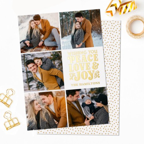 Peace Love Joy Christmas Gold Foil Photo Holiday Card