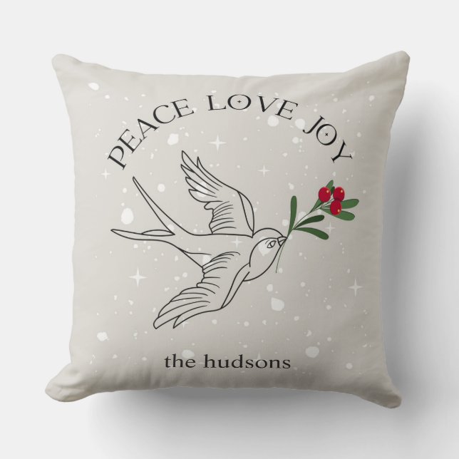 PEACE LOVE JOY Christmas Holiday Red Berries Throw Pillow (Front)