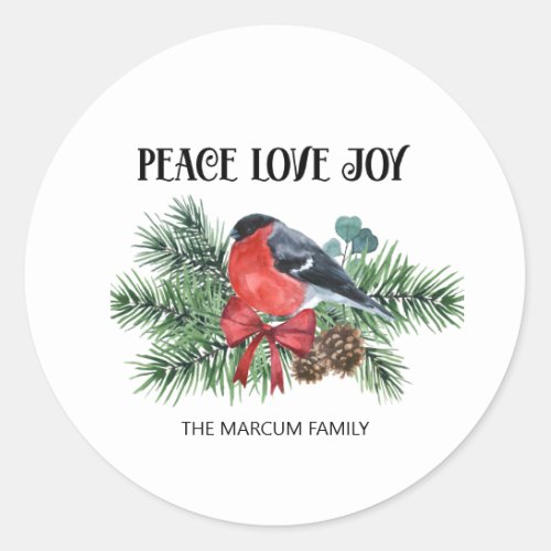 Peace Love Joy Christmas Holiday Robin Pine Branch Classic Round Sticker