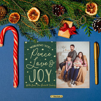 Peace, Love & Joy Christmas Photo Real Foil Holiday Postcard