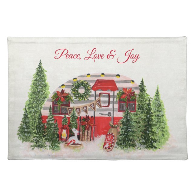 Peace Love & Joy Christmas Trailer Camper  Cloth Placemat (Front)