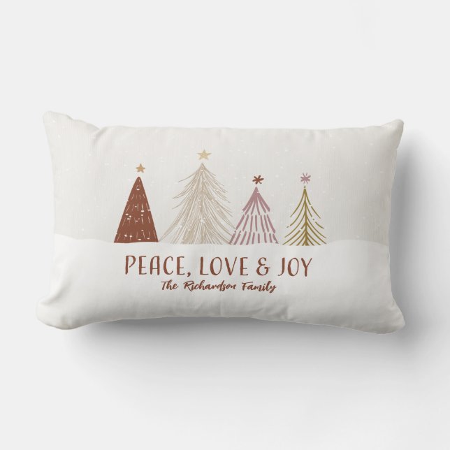 Peace Love & Joy Christmas Trees Holiday Family Lumbar Pillow (Front)