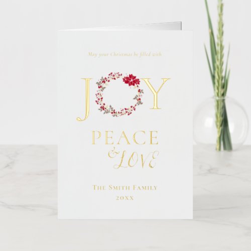 Peace Love  Joy Christmas Wreath  Red Beige Foil Holiday Card